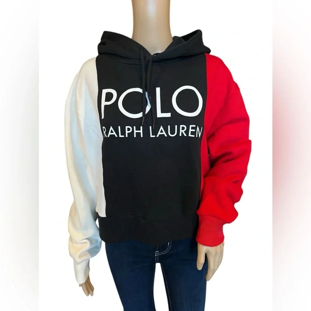 Polo Ralph Lauren Womens Color Block Logo Hoodie Black/ Multi Pullover Size M - Picture 5 of 14